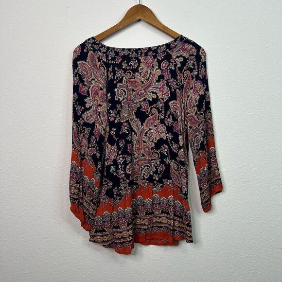 Bila Women’s Multicolor V Neck Paisley 3/4 Sleeve Boho Bohemian Top Size Large - Picture 8 of 13